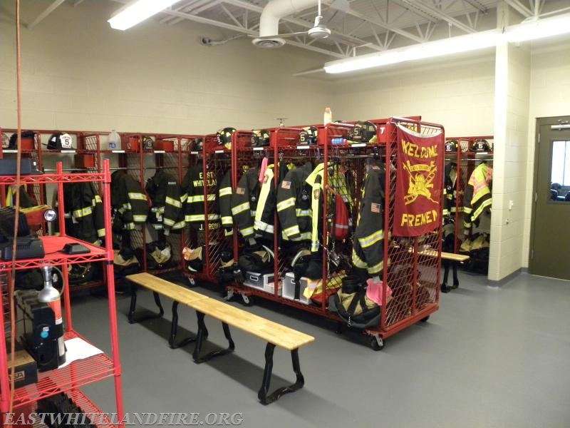 The gear room, where firefighters can put their gear on with plenty of room before getting on the engine.
