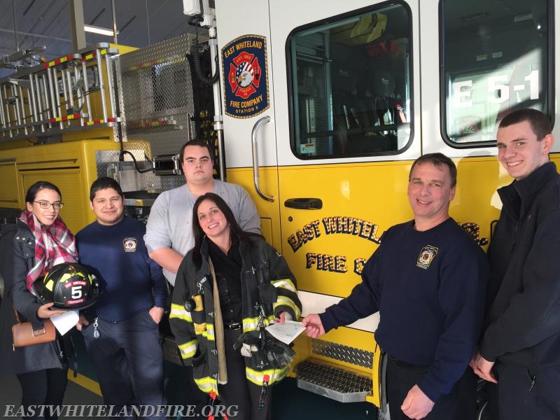 A donation check was delivered to Station 5 from Liberty Property representatives Nicole Campellone and Jackie Diamantes, with career FF Gus Lavin, FF/EMS Lt. Quintin Lotz, career Deputy Chief Matt Fink, and FF/EMT Kyle O'Brien.