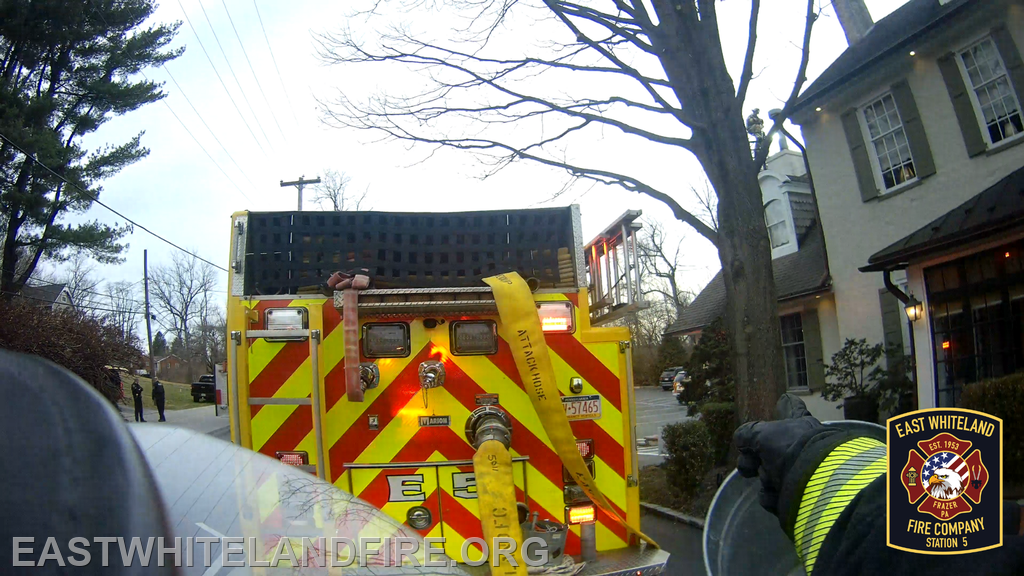 Pictured is the rear end of Engine 5 with Ladder 4 visible in the distance at the Village Way call. Helmet camera screenshot provided by FF/EMT D. Lotz. 