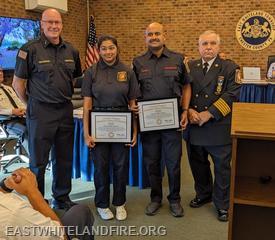 (L-R) President Gary McCusker, EMT Hrtha Rajiv, FF/EMT Rajiv Anand, Deputy Chief John DeMarco